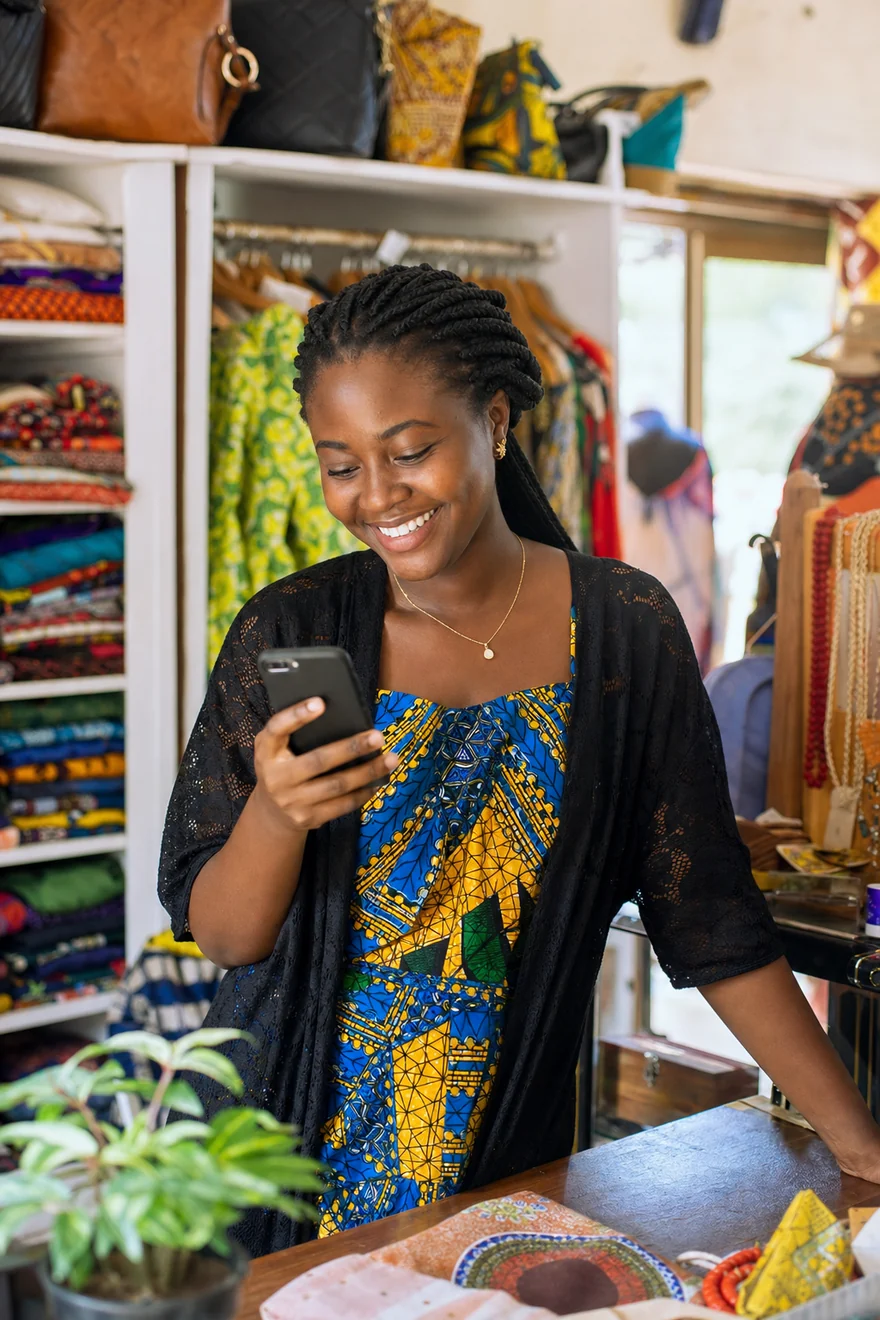 Commerçante encaissant un paiement mobile avec Cartflox